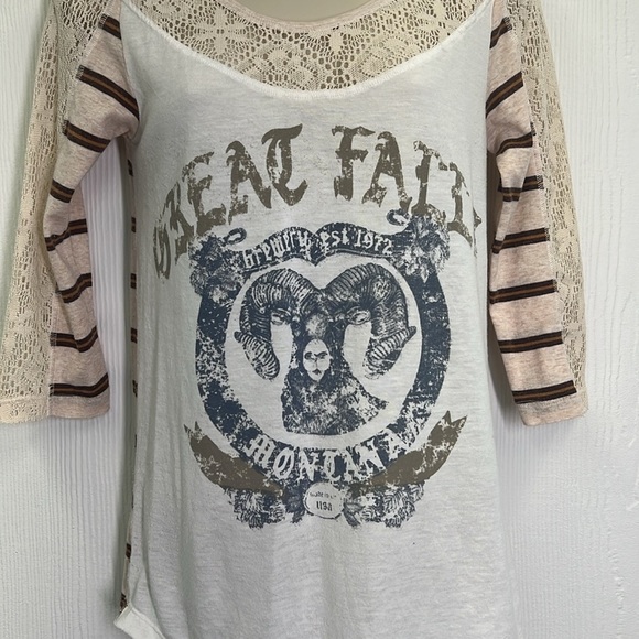 Free People - We The Free Great Falls Montana Stripe Lace Graphic Top Size Small - Picture 7 of 12